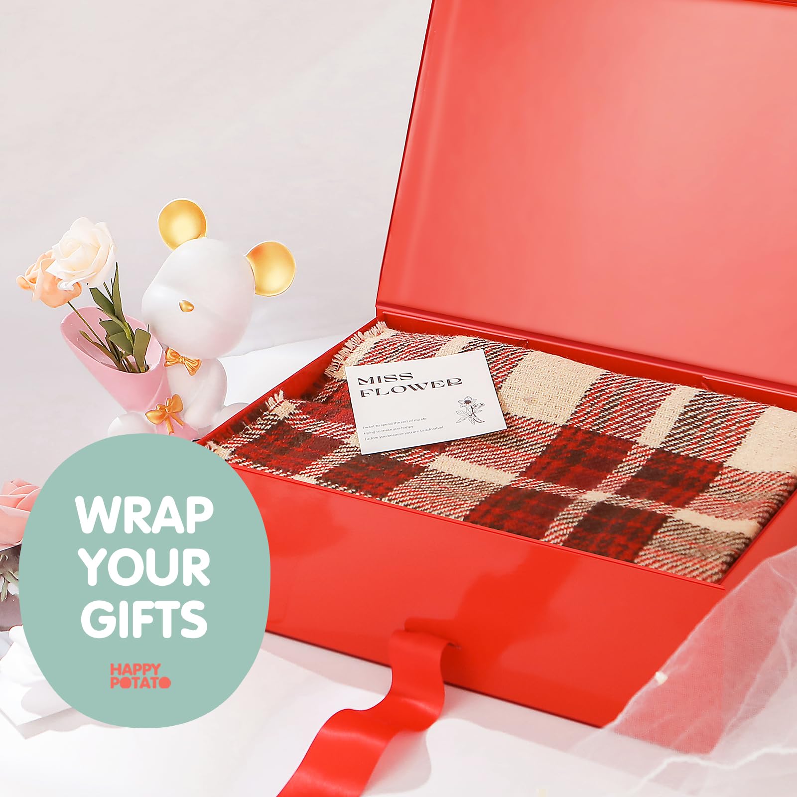 Gift Box with Ribbon 9x6.5x3.8 Inches, Gold Gift Box with Lid and Ribbon By Good Dragons