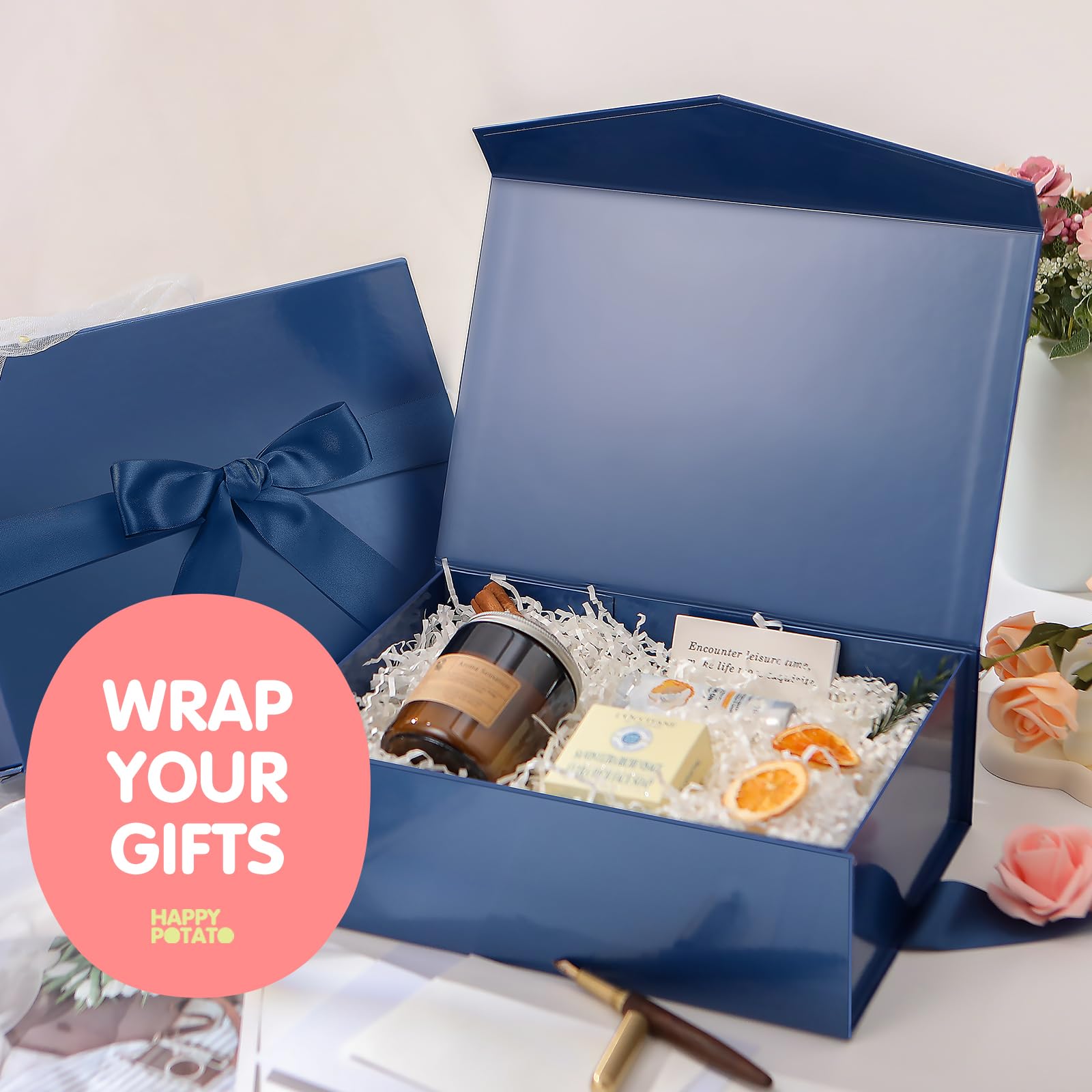 Gift Box with Ribbon 9x6.5x3.8 Inches, Gold Gift Box with Lid and Ribbon By Good Dragons