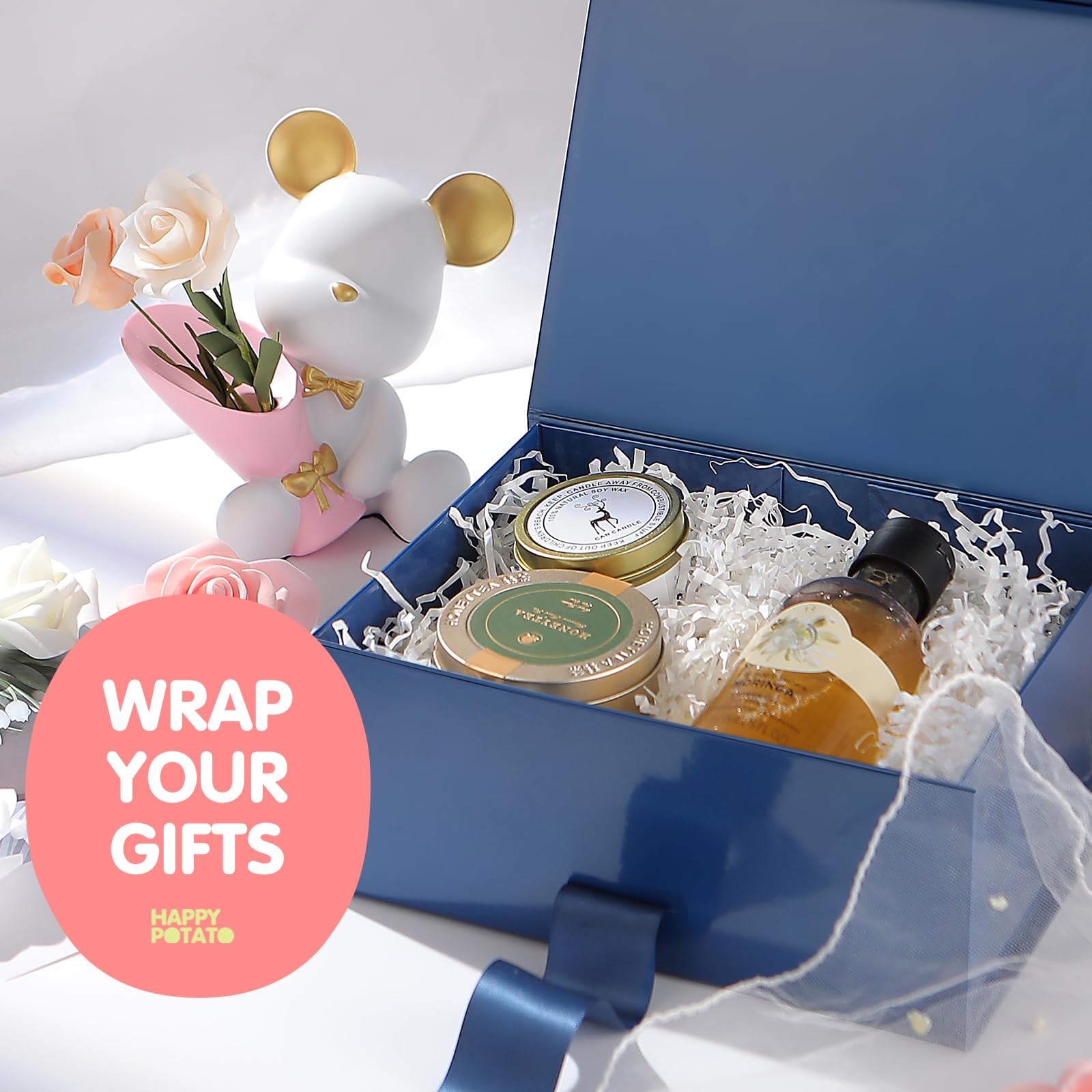 Gift Box with Ribbon 9x6.5x3.8 Inches, Gold Gift Box with Lid and Ribbon By Good Dragons