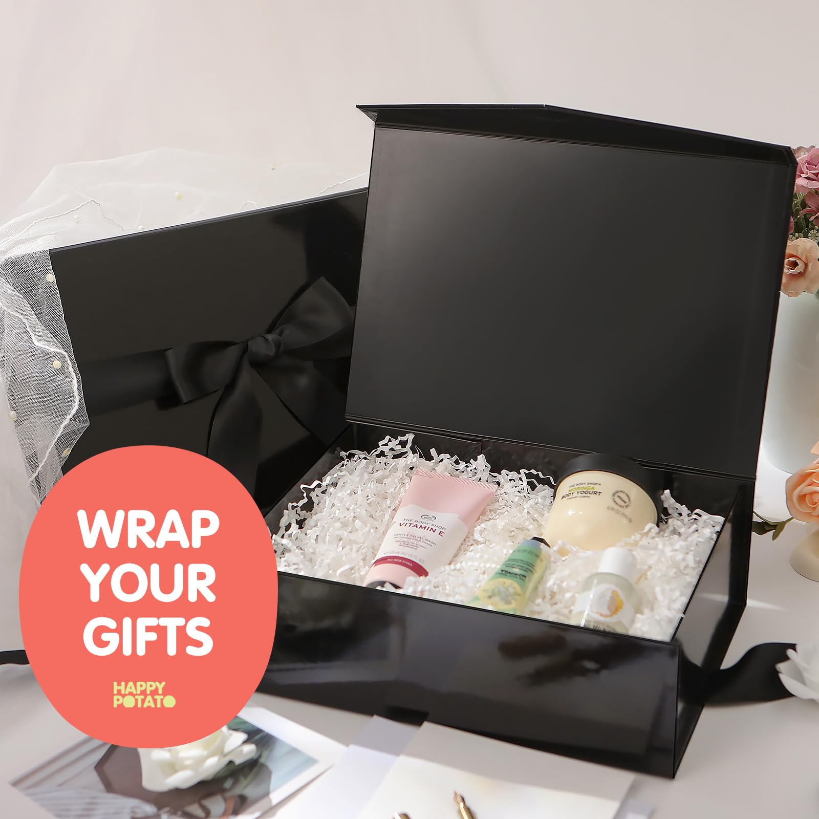 Gift Box with Ribbon 9x6.5x3.8 Inches, Gold Gift Box with Lid and Ribbon By Good Dragons