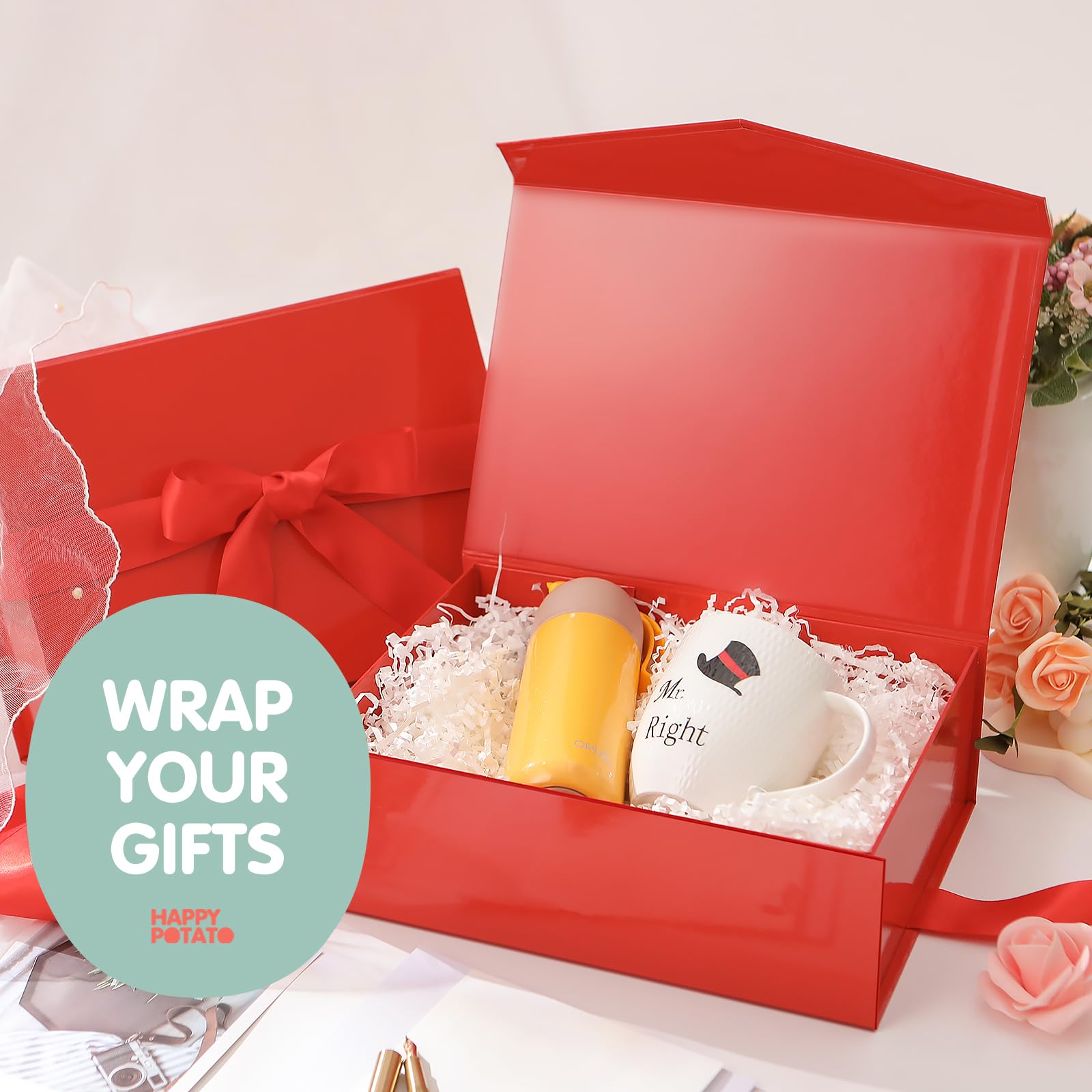 Gift Box with Ribbon 9x6.5x3.8 Inches, Gold Gift Box with Lid and Ribbon By Good Dragons