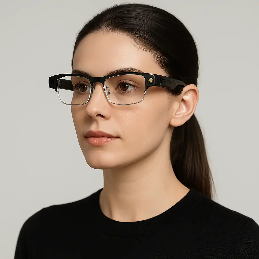 Woman wearing black smart glasses with clear lenses, black top, neutral background TUTT