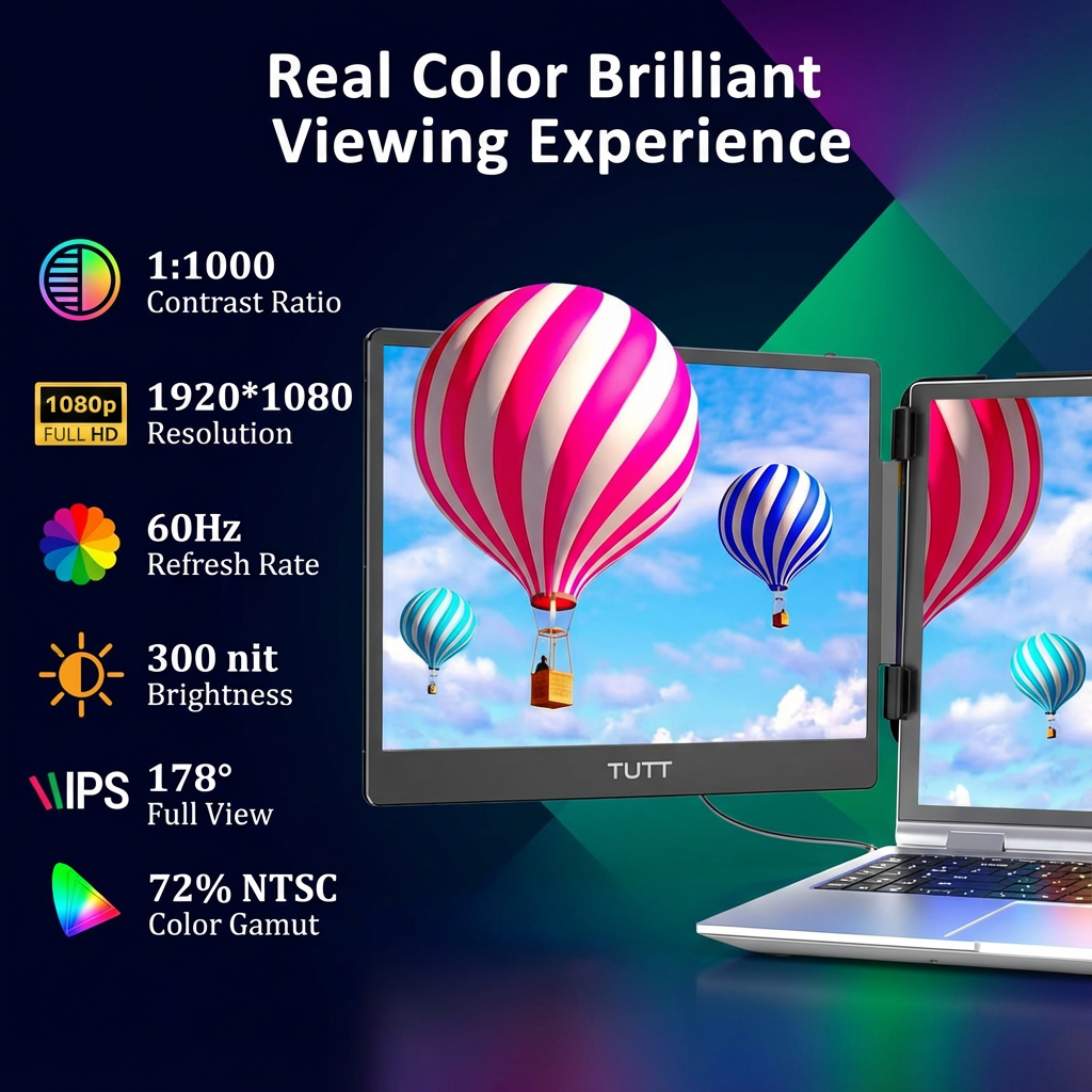 Écran portable TUTT 14 pouces, extension double écran, support et haut-parleurs intégrés, tous appareils, S1 