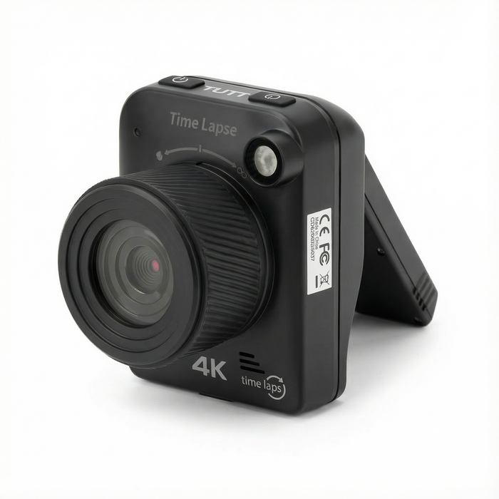 Compact 4K time lapse digital camera with smooth black body and adjustable stand, TUTT