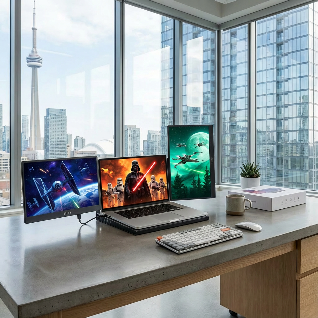 TUTT 14'' Portable Monitor | Laptop Base | 360° Rotation Stand, Multi-Position | F3 Built-In Speaker | All Devices Compatible (H5 Converter Cable Included)