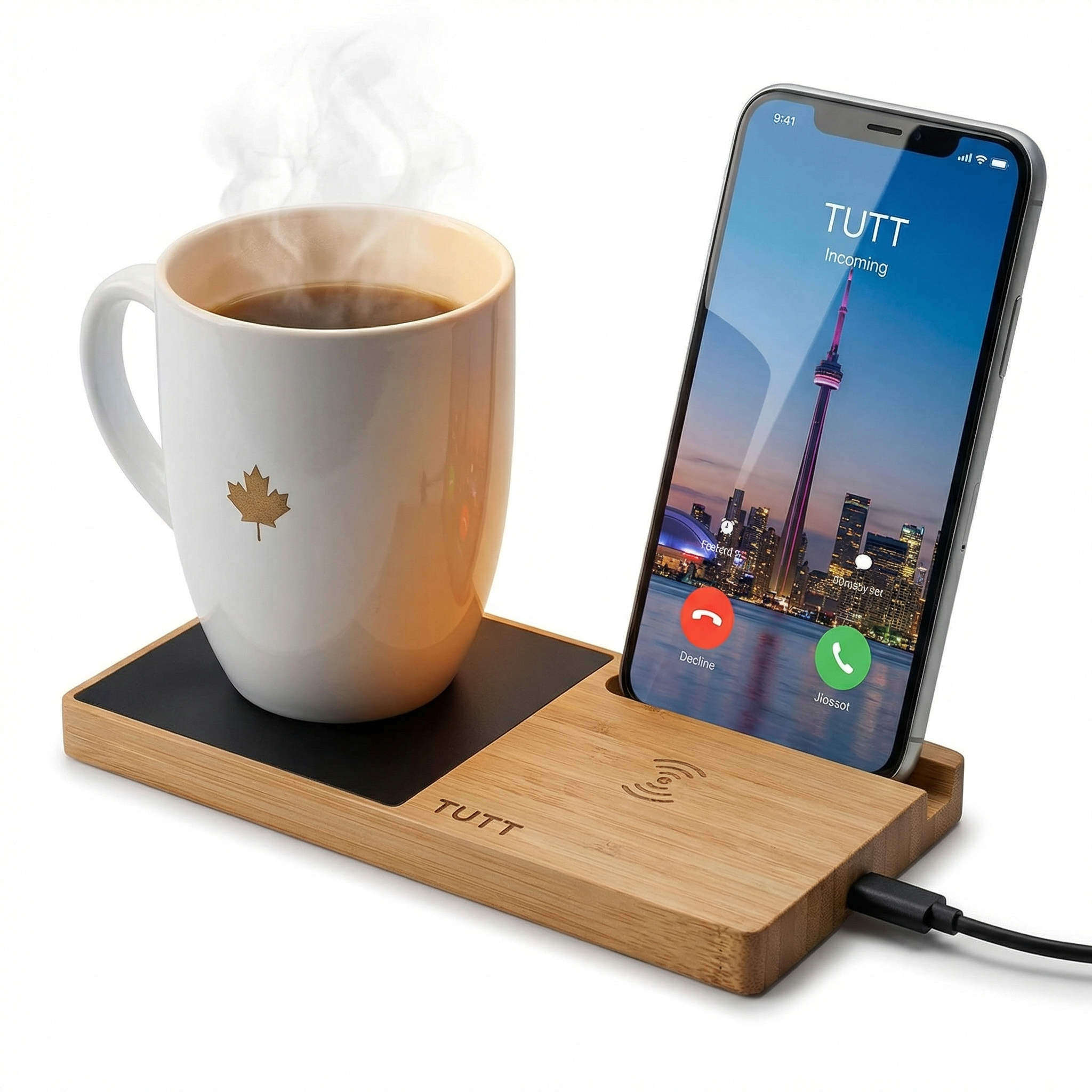 TUTT 15W Wireless Phone Charger – Bamboo Cup Warmer & Phone Stand