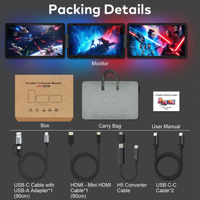 Portable tri-screen monitor setup with three screens displaying space battle scenes, included carry bag, box, user manual, USB-C and HDMI cables, and H5 converter cable, TUTT