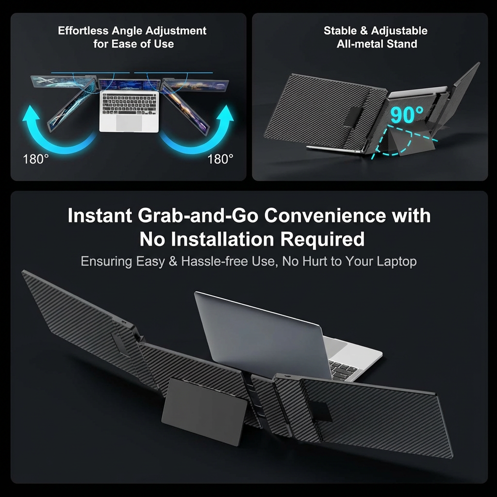 TUTT 14” FHD Portable Monitor – S3 Triple Screen Extender, IPS, Built-in Stand & Speakers | All Devices (H5 Converter Cable Included)Laptop stand with features highlighted on a dark background