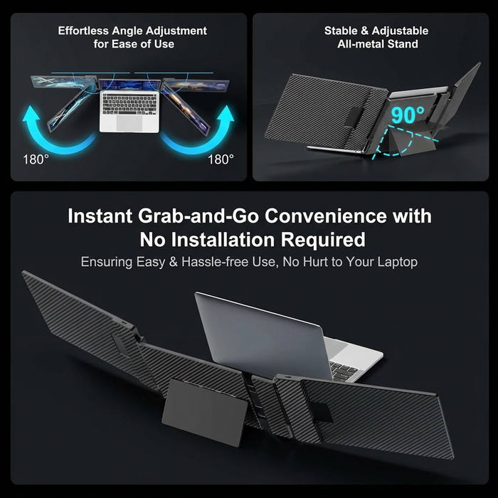 TUTT 14” FHD Portable Monitor – S3 Triple Screen Extender, IPS, Built-in Stand & Speakers | All Devices (H5 Converter Cable Included)Laptop stand with features highlighted on a dark background