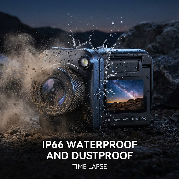 Rugged digital camera with water splashes and dust, showing IP66 waterproof and dustproof features, outdoors at night. TUTT