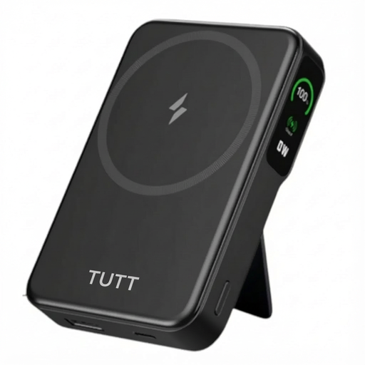 Black wireless charging pad with TUTT branding on a white background