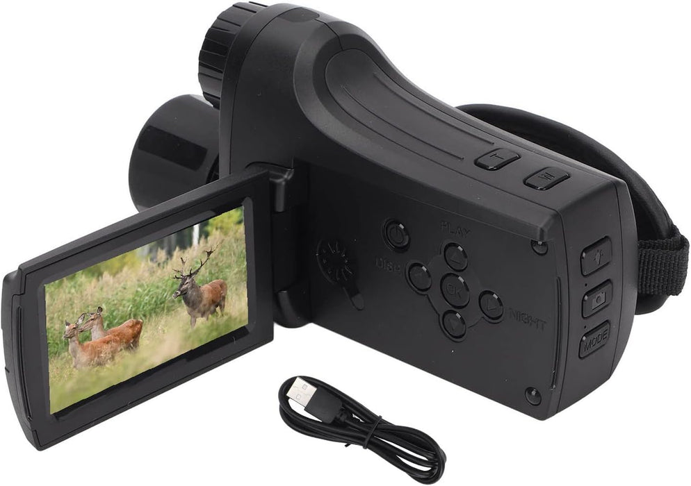black digital night vision binoculars with adjustable screen showing deer in forest, USB charging cable included TUTT