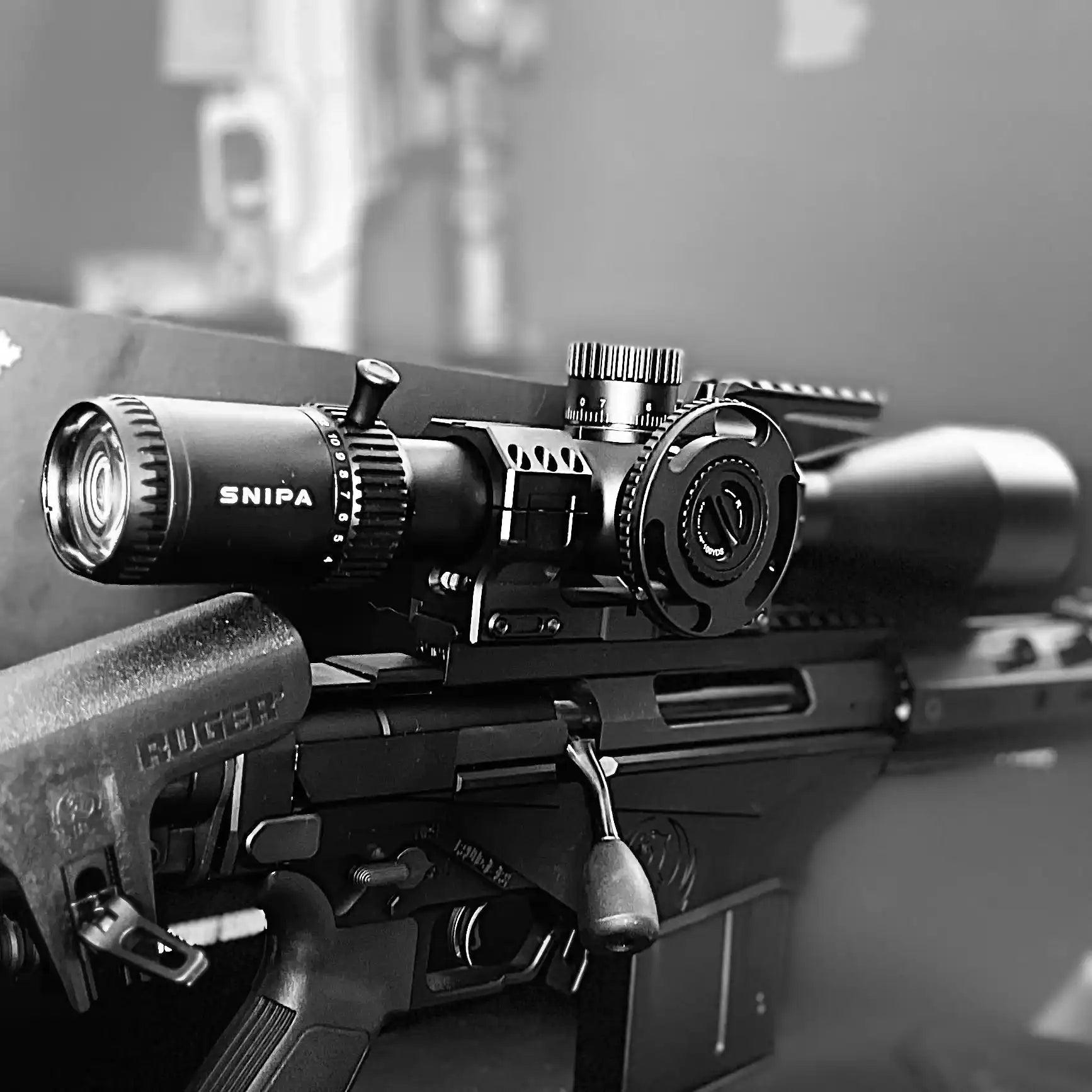 SNIPA Yukon Edge 4-40x56 FFP rifle scope with NorthLine mount on Ruger rifle, close-up, TUTT