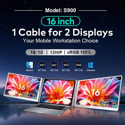 TUTT 16” Dual Screen Portable Monitor for Laptop 12”-18.5”– 16:10 Ratio IPS, Single USB-C Cable, Stand-Alone Design | S900 