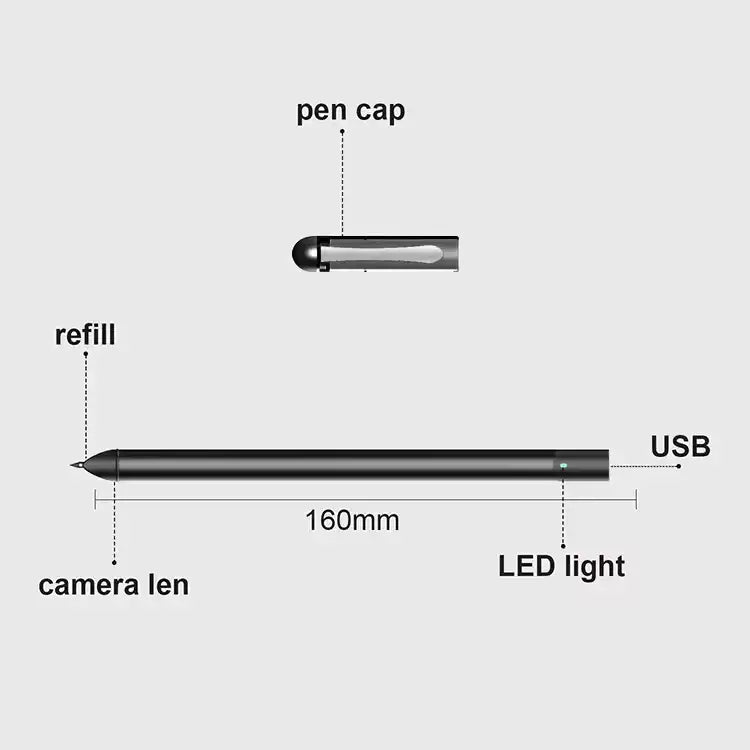 Black pen with camera lens, LED light, USB port, pen cap, and labels on white background TUTT