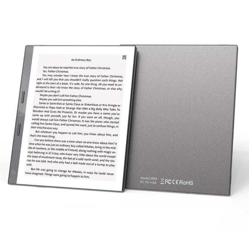 E-reader device with a screen displaying text on a gray fabric cover.