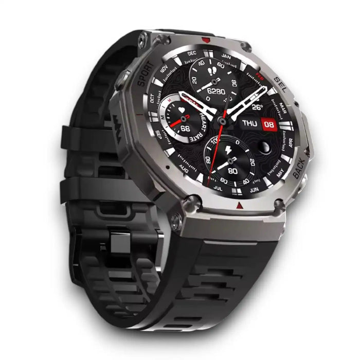 Silver sports smartwatch with black rubber strap showing heart rate, steps, date, and temperature on digital dial TUTT