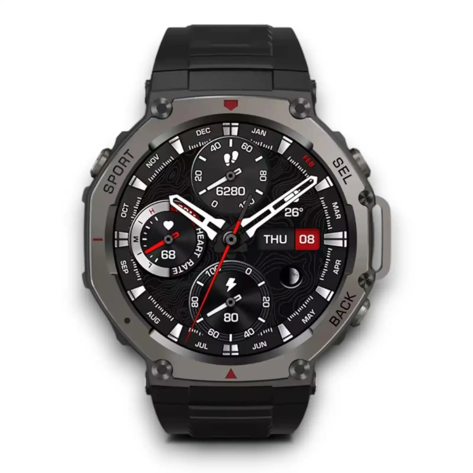 Black smart watch with round dial showing heart rate, steps, battery, date, and weather on digital display TUTT