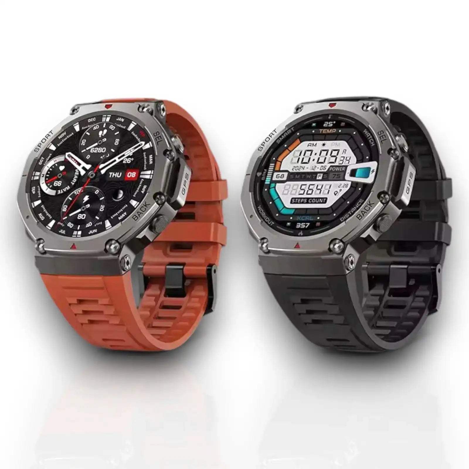 Two rugged smartwatches with GPS, one with orange strap and analog display, the other black with digital fitness screen TUTT