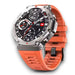 Silver sport smartwatch with orange silicone strap showing heart rate, steps, date, battery, GPS TUTT
