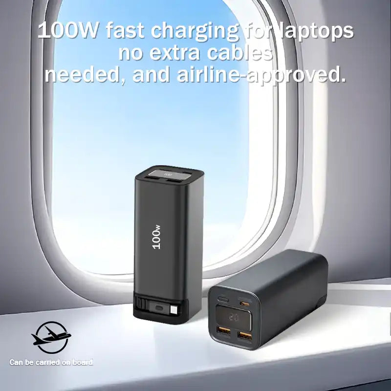 Black 100W fast charging laptop power bank with digital display and USB ports, airplane window background, airline-approved TUTT