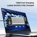 Silver 100W 20000mAh fast charging power bank connected to laptop showing digital screen charging status TUTT