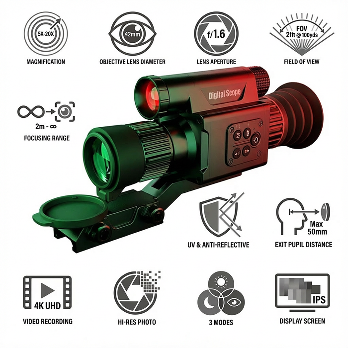 TUTT Night Vision Scope 20X 4K IP56 waterproof Built-in electronic stabilization X7