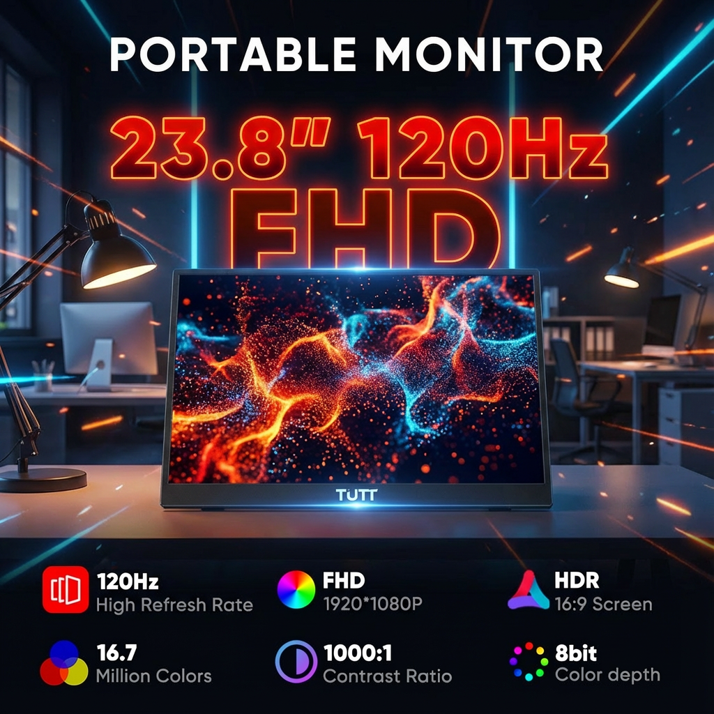 TUTT 23.8” 120Hz FHD Portable Monitor with Built-in Kickstand and VESA Mount S23 