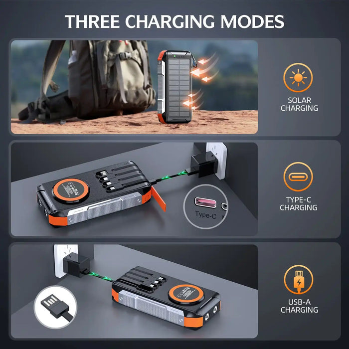 Rugged 30000mAh solar power bank with solar panel, Type-C and USB-A charging modes, black and orange design TUTT