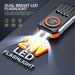 Rugged black and orange power bank with dual bright 2W LED flashlight emitting light, showing Bright, Strobe, and SOS modes TUTT
