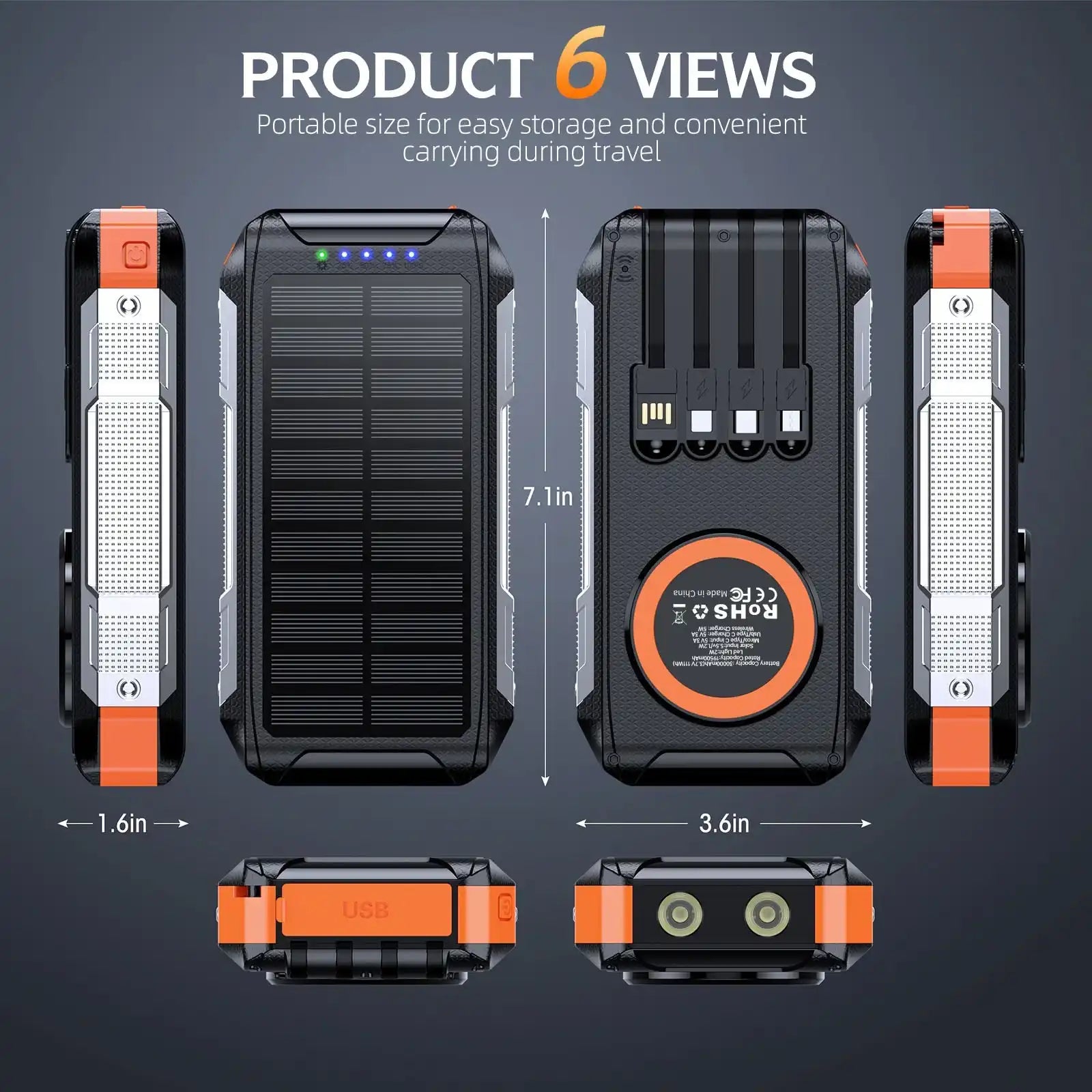 Compact black and orange solar power bank with 30000mAh capacity, built-in cables, LED indicators, and dual flashlights TUTT