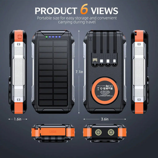 Compact black and orange solar power bank with 30000mAh capacity, built-in cables, LED indicators, and dual flashlights TUTT
