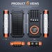 Compact black and orange solar power bank with 30000mAh capacity, built-in cables, LED indicators, and dual flashlights TUTT