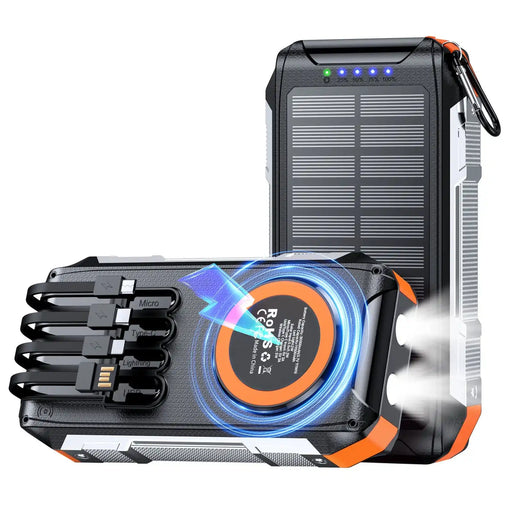Rugged 30000mAh solar power bank with magnetic wireless charging, built-in cables, and flashlight TUTT
