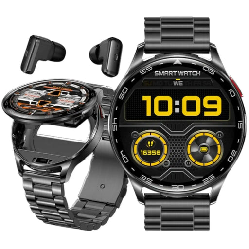 Black metal smart watch with digital display showing time, step count, and battery status plus wireless earbuds TUTT