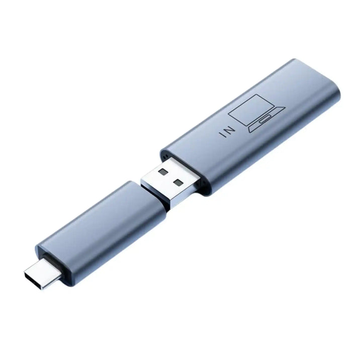 Slim metallic USB-C to USB-A portable storage adapter with laptop icon, isolated on white, TUTT
