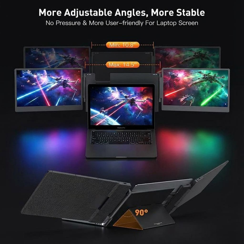TUTT 14” FHD Portable Monitor – S3 Triple Screen Extender, IPS, Built-in Stand & Speakers | All Devices (H5 Converter Cable Included)Laptop stand with adjustable angles displaying a laptop screen on a dark background.