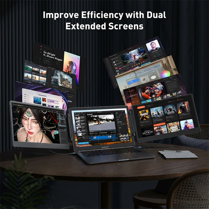 TUTT 14” FHD Portable Monitor – S3 Triple Screen Extender, IPS, Built-in Stand & Speakers | All Devices (H5 Converter Cable Included)Laptop with dual extended screens displaying multiple applications on a dark background.