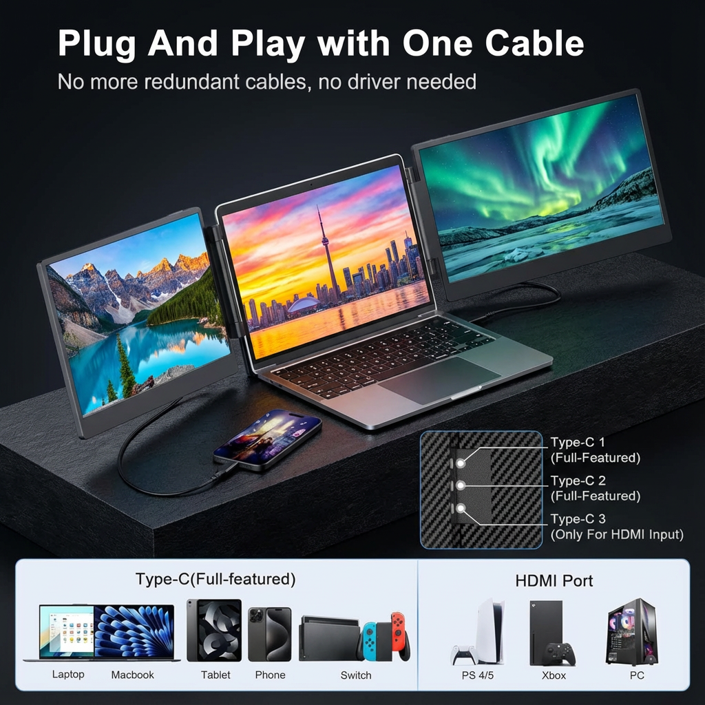 TUTT 14” FHD Portable Monitor – S3 Triple Screen Extender, IPS, Built-in Stand & Speakers | All Devices (H5 Converter Cable Included)Laptop with external monitor and smartphone displaying scenic images, with text about plug-and-play functionality.