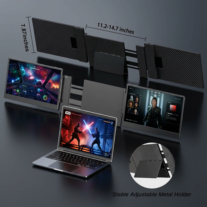TUTT 14” FHD Portable Monitor – S3 Triple Screen Extender, IPS, Built-in Stand & Speakers | All Devices (H5 Converter Cable Included)Laptop with screen and stand on a dark surface, showing screen size dimensions.