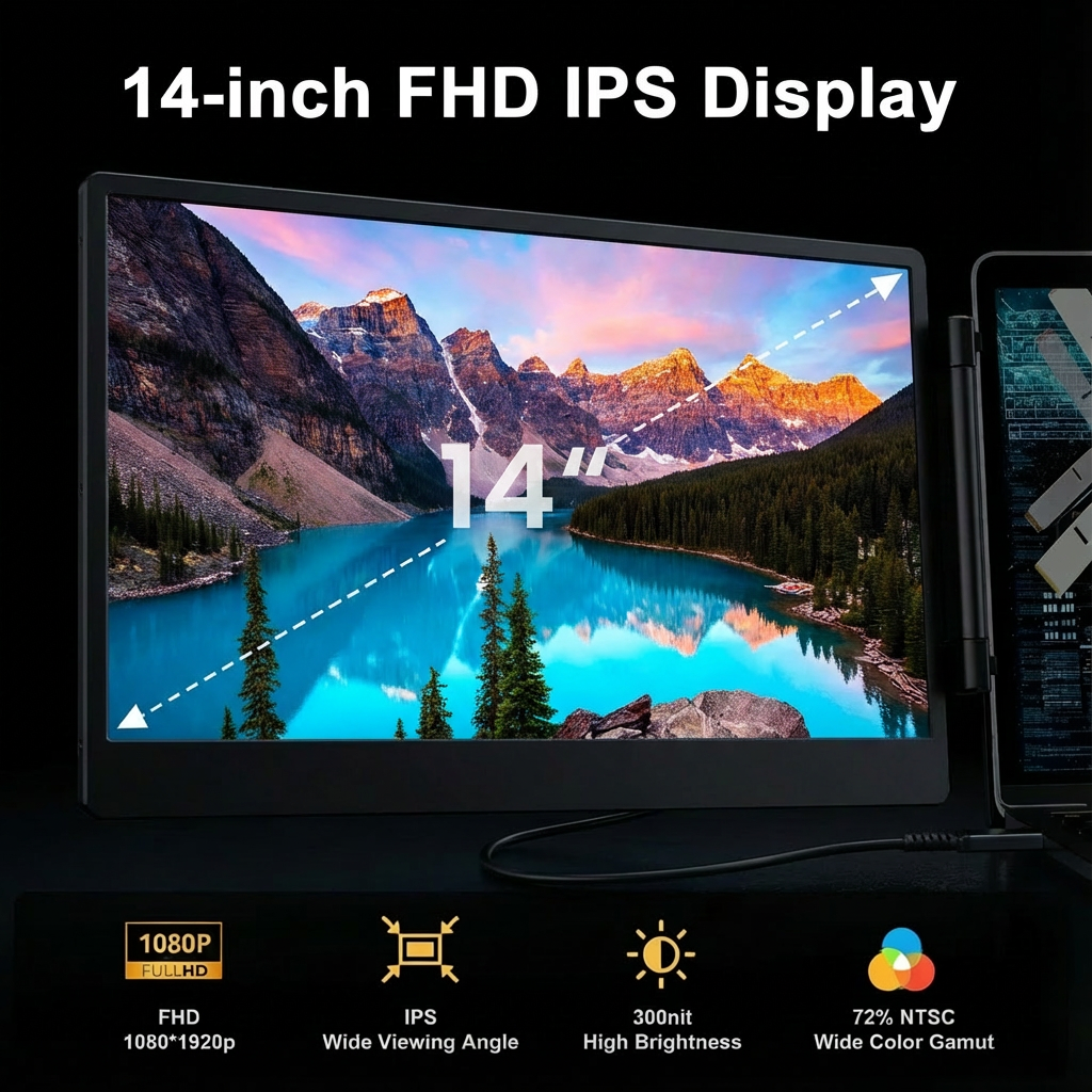 14-inch FHD IPS display with scenic mountain and lake view on screen