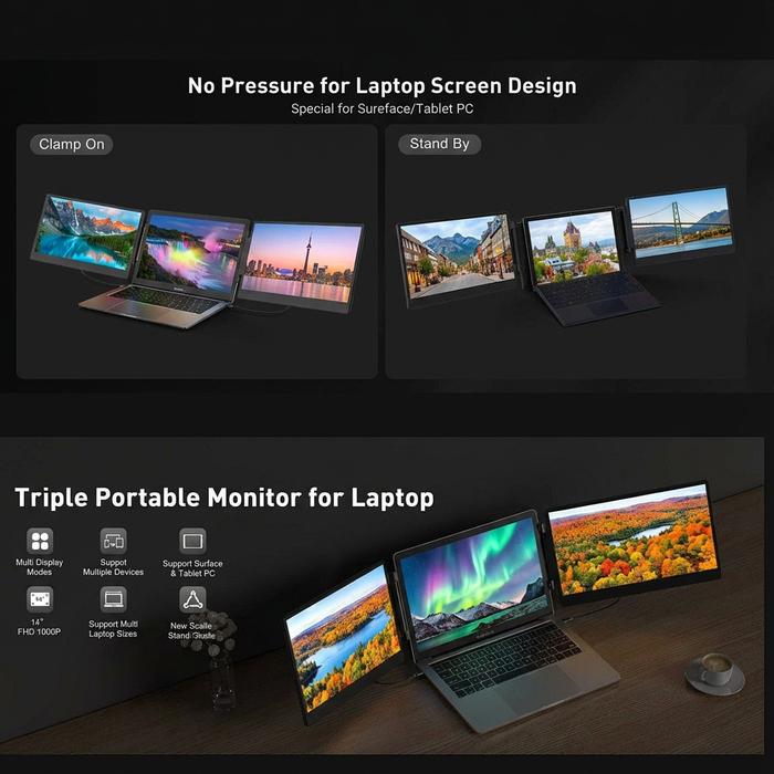 TUTT 14” FHD Portable Monitor – S3 Triple Screen Extender, IPS, Built-in Stand & Speakers | All Devices (H5 Converter Cable Included)Triple portable monitor setup for laptop with scenic images on screens.