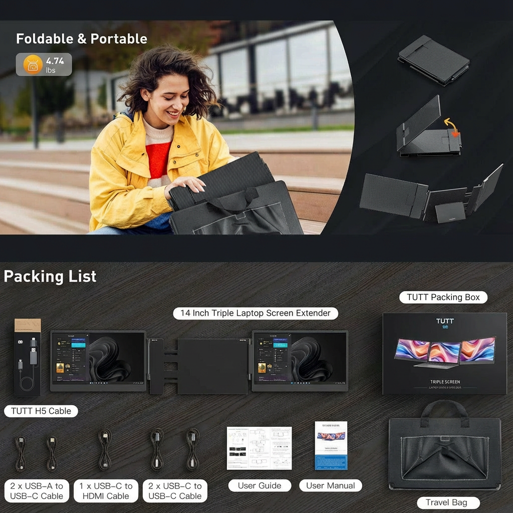 TUTT 14” FHD Portable Monitor – S3 Triple Screen Extender, IPS, Built-in Stand & Speakers | All Devices (H5 Converter Cable Included)Product packaging and features of a laptop screen extender with a woman using it outdoors.