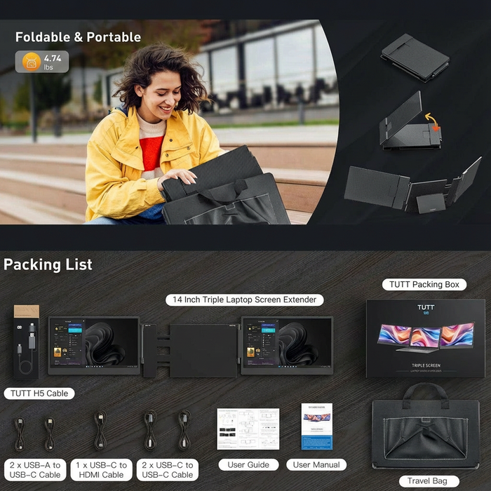 TUTT 14” FHD Portable Monitor – S3 Triple Screen Extender, IPS, Built-in Stand & Speakers | All Devices (H5 Converter Cable Included)Product packaging and features of a laptop screen extender with a woman using it outdoors.