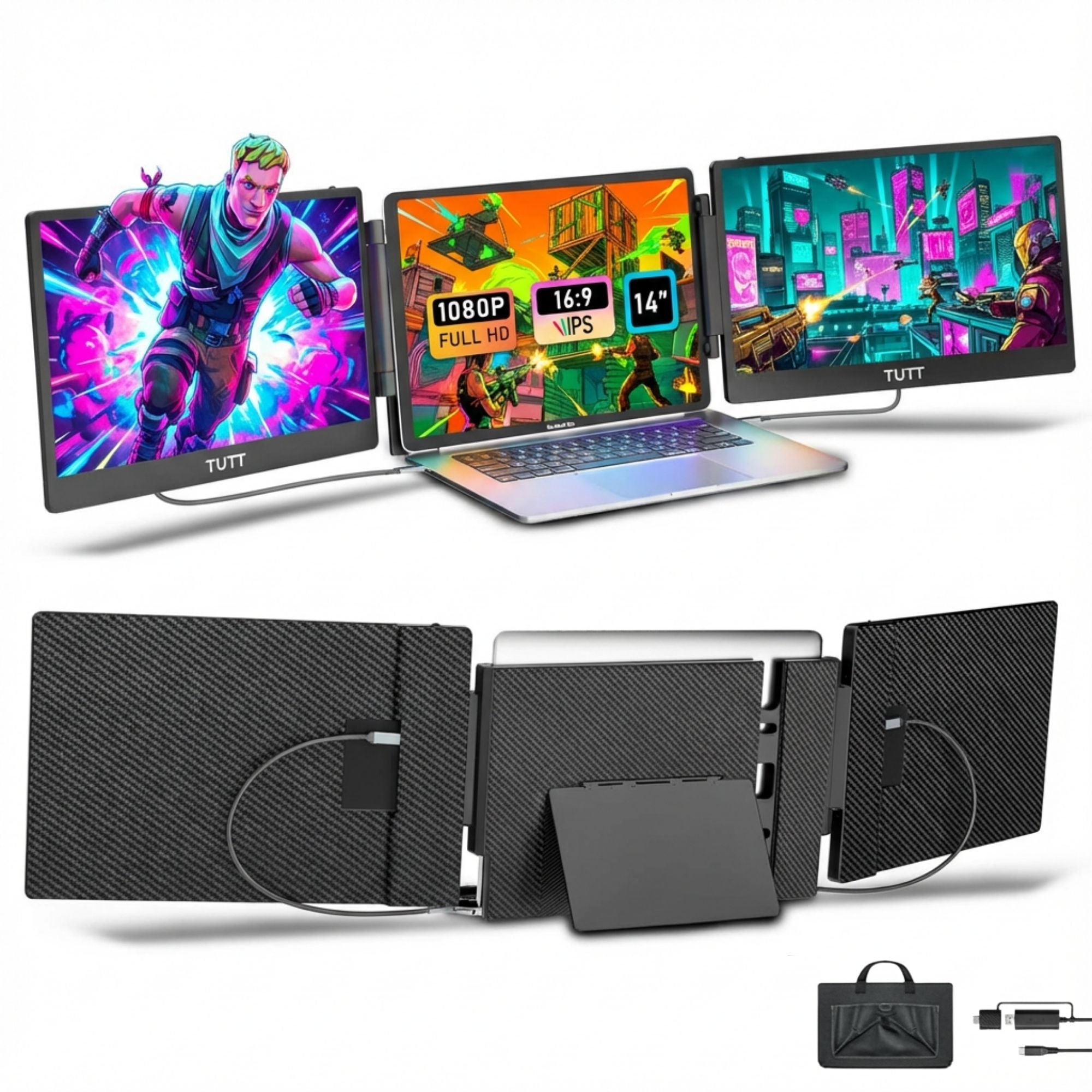 Laptop with external screen extensions displaying colorful graphics on a white background TUTT 14” FHD Portable Monitor – S3 Triple Screen Extender, IPS, Built-in Stand & Speakers | All Devices (H5 Converter Cable Included)