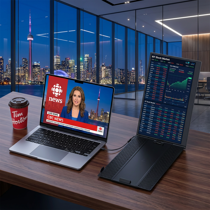 Two laptops on a desk with one displaying CBC News and the other showing stock market data, with a city skyline in the background. TUTT 14” Laptop Screen Extender | ULTRA Thin Portable Monitor for Windows, Mac, USB-C & HDMI Devices, S8