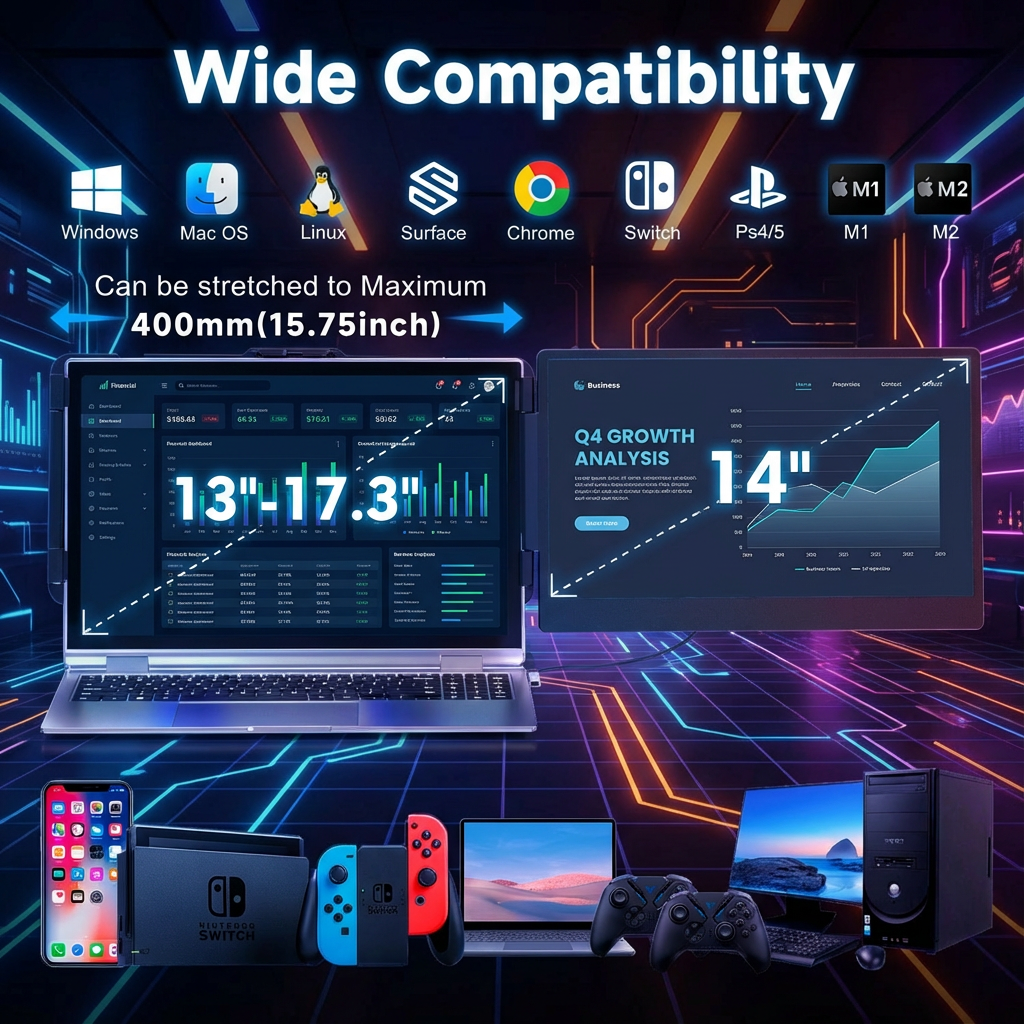 TUTT S1 portable laptop monitor screen extender, 14-inch FHD 1080p IPS, dual display setup, built-in stand and speakers, for 13-17 inch laptops, shown with dimensions and key features. TUTT