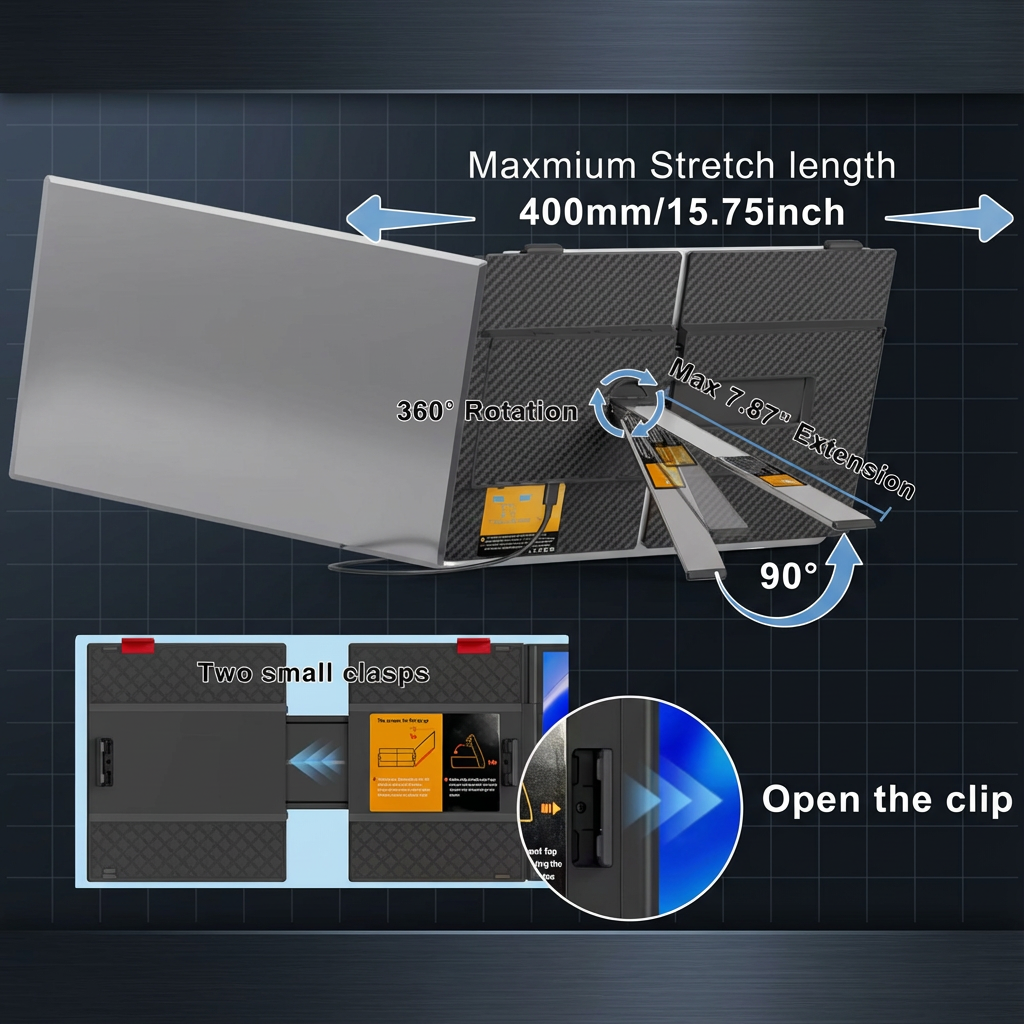 Product with features highlighted on a dark grid background TUTT 14” Laptop Screen Extender | ULTRA Thin Portable Monitor for Windows, Mac, USB-C & HDMI Devices, S8