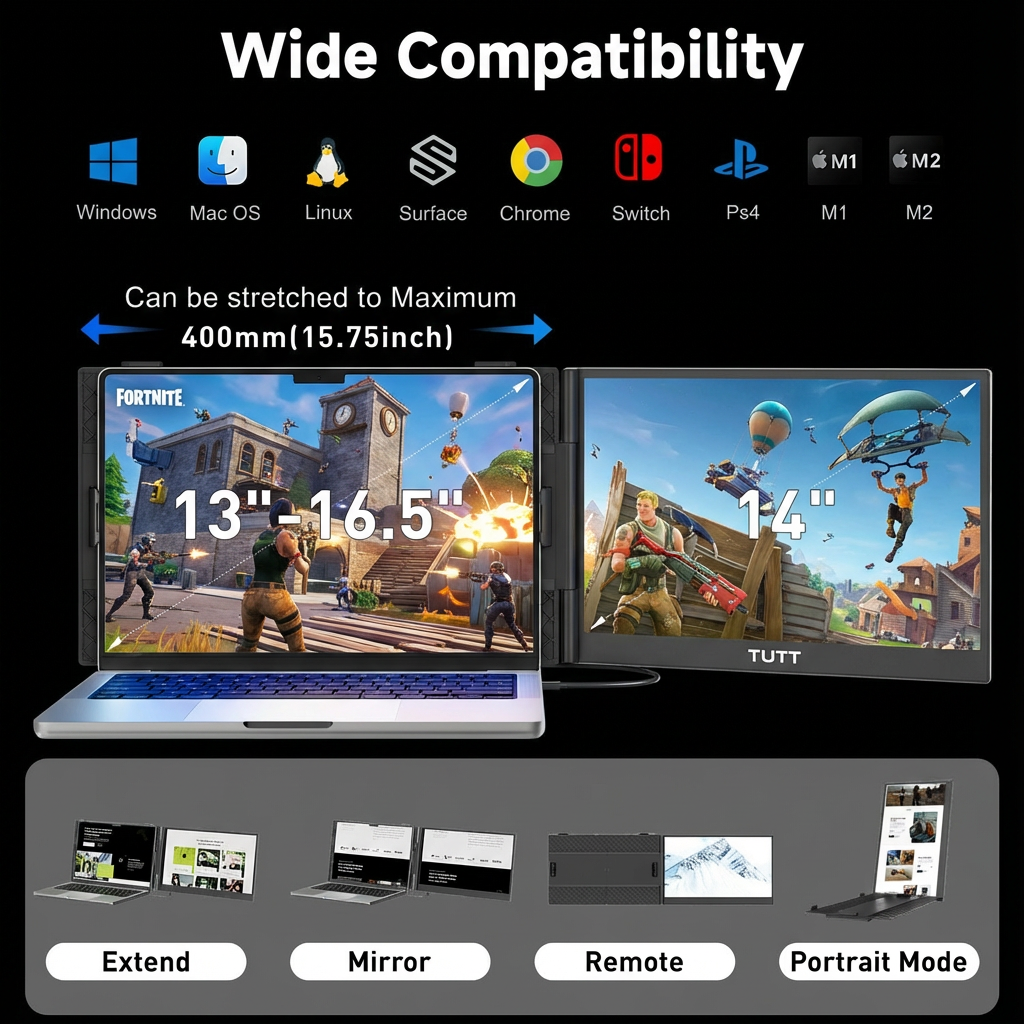 Display of wide compatibility with various operating systems and screen sizes on a black background. TUTT 14” Laptop Screen Extender | ULTRA Thin Portable Monitor for Windows, Mac, USB-C & HDMI Devices, S8