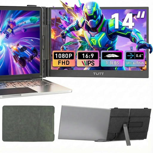 Laptop with screen displaying a game, surrounded by additional product images and specifications. TUTT 14” Laptop Screen Extender | ULTRA Thin Portable Monitor for Windows, Mac, USB-C & HDMI Devices, S8